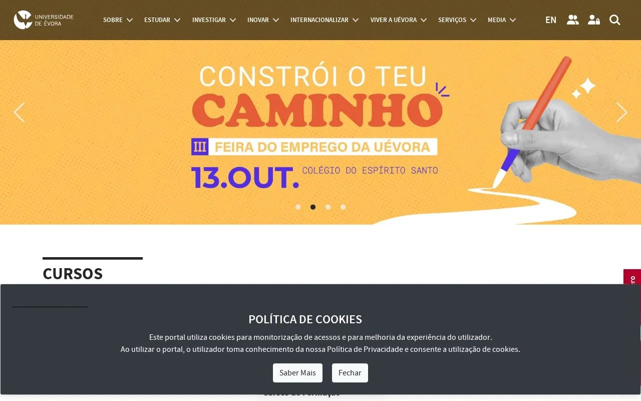 Universidade de Evora homepage screenshot