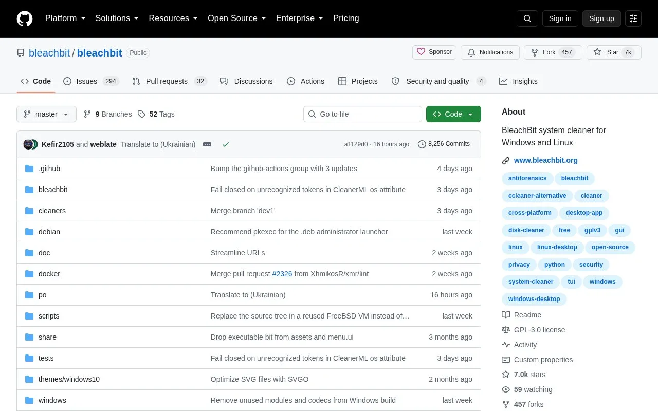 Bleachbit homepage screenshot