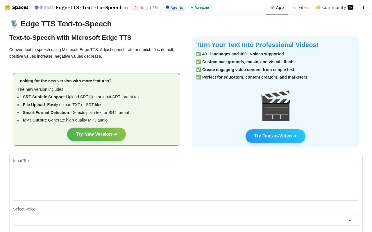 Edge TTS Text To Speech homepage screenshot
