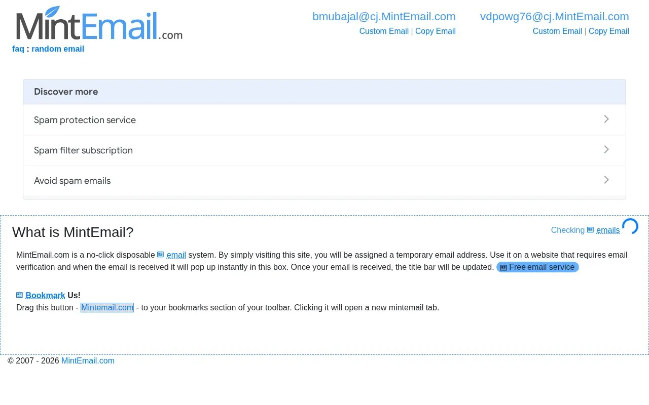 MintEmail.com homepage screenshot