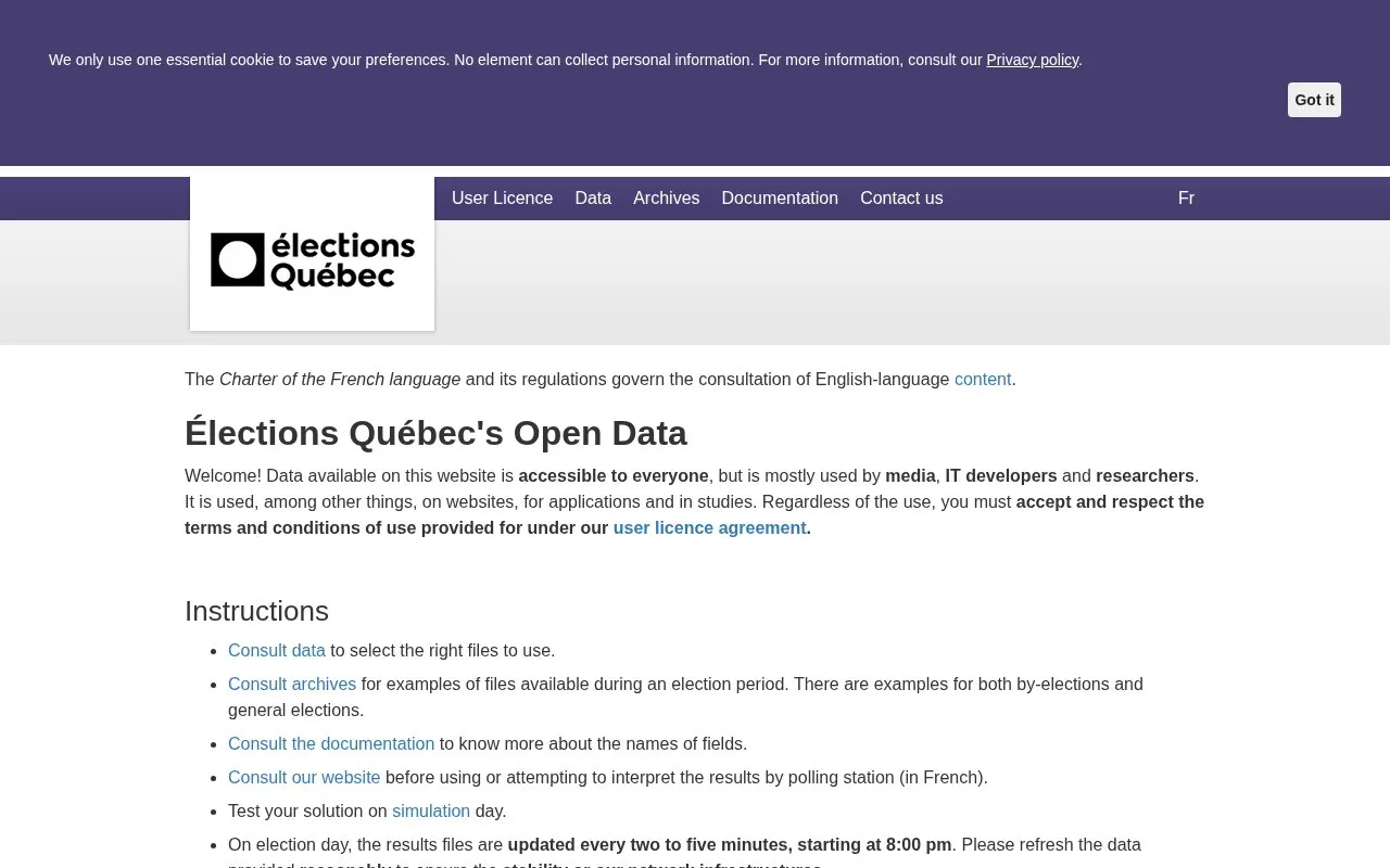 Élections Québec's Open Data homepage screenshot