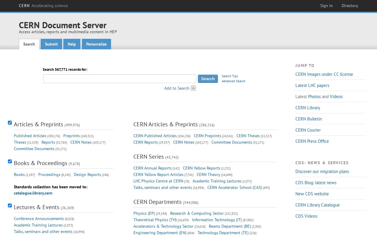 CERN Document Server homepage screenshot