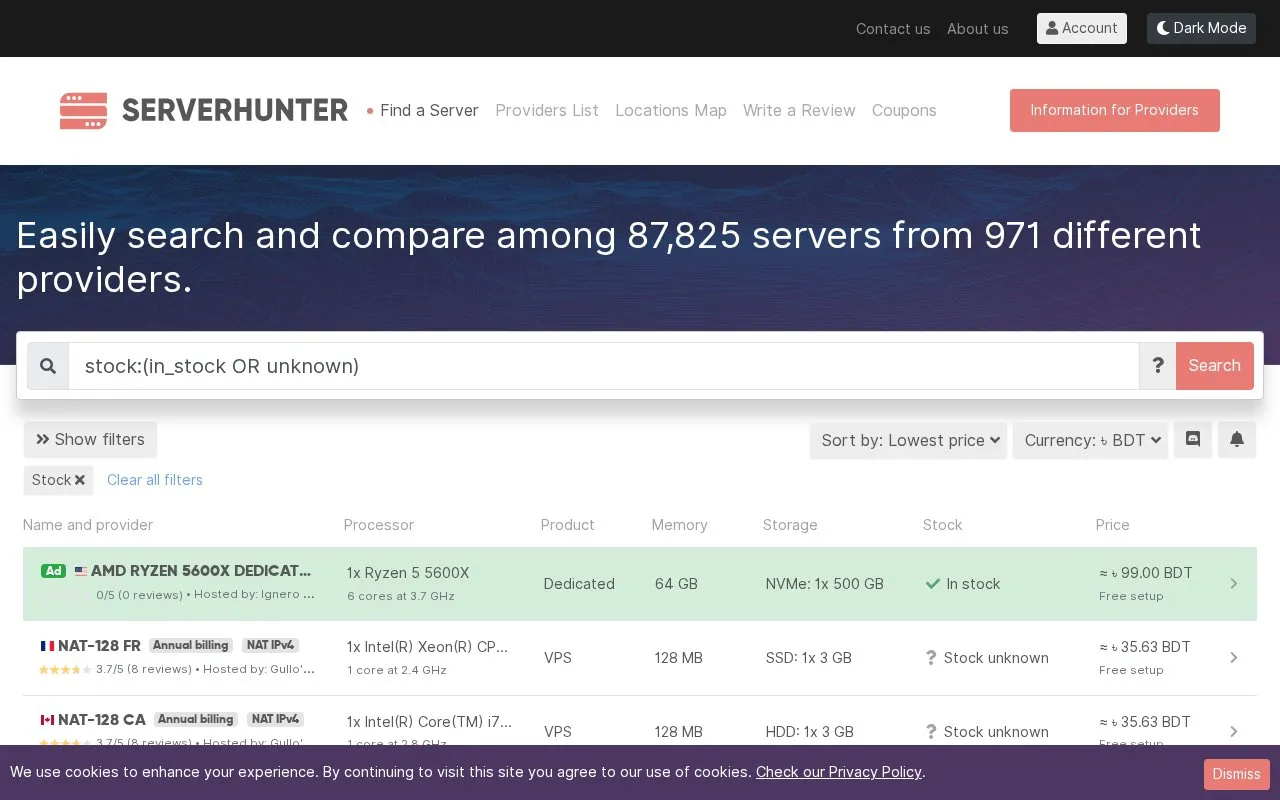 Server Hunter homepage screenshot