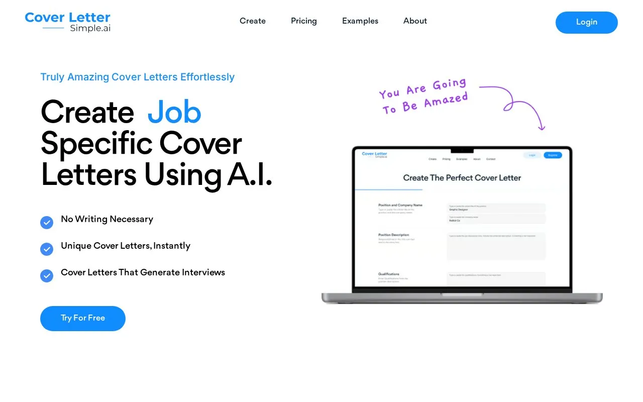 CoverLetterSimple.ai homepage screenshot