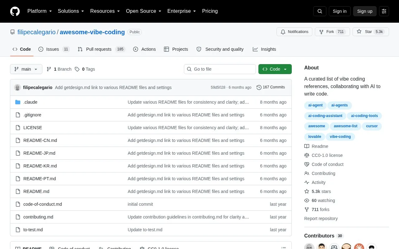 filipecalegario/awesome-vibe-coding homepage screenshot