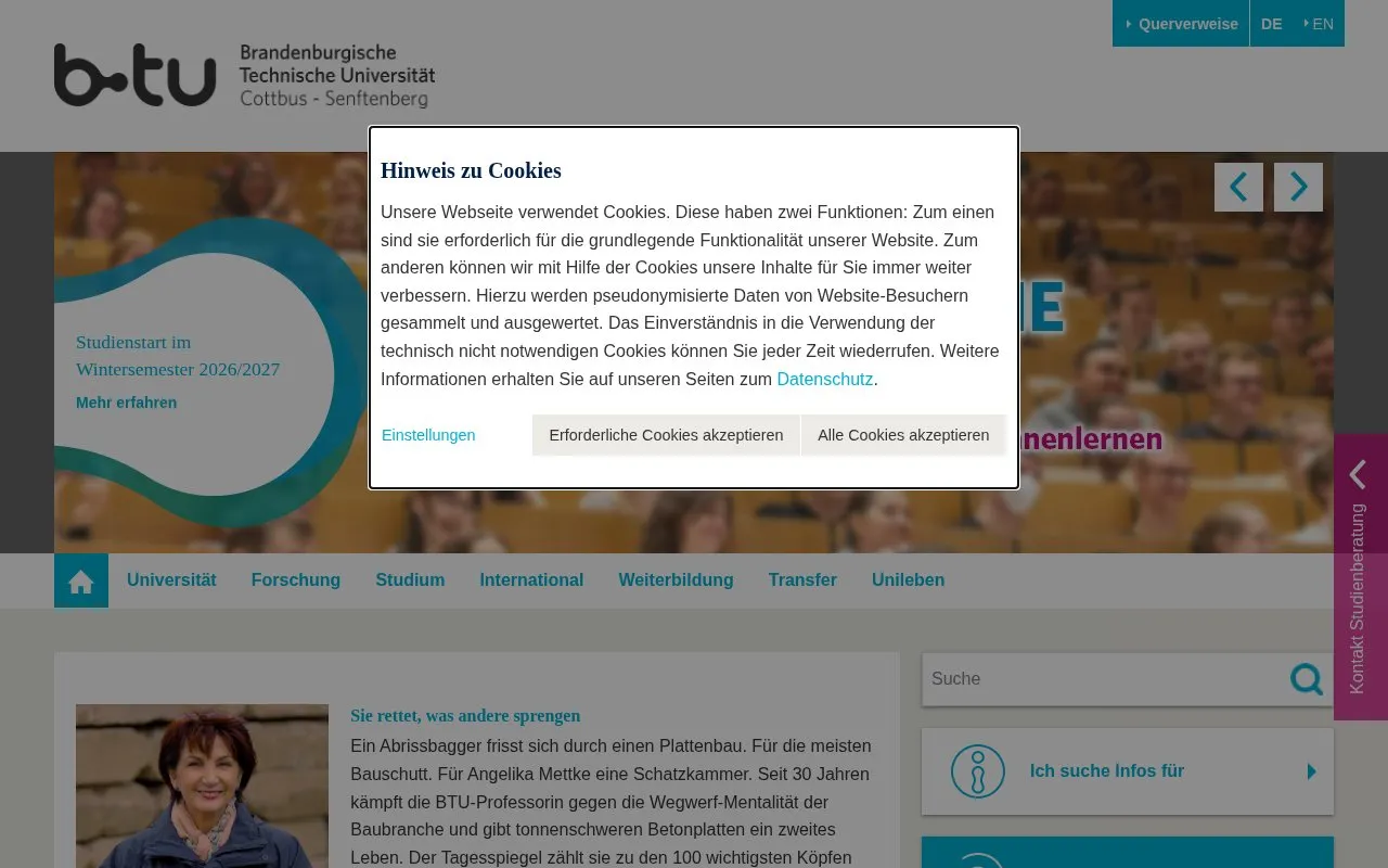 Brandenburgische Technische Universitat Cottbus homepage screenshot