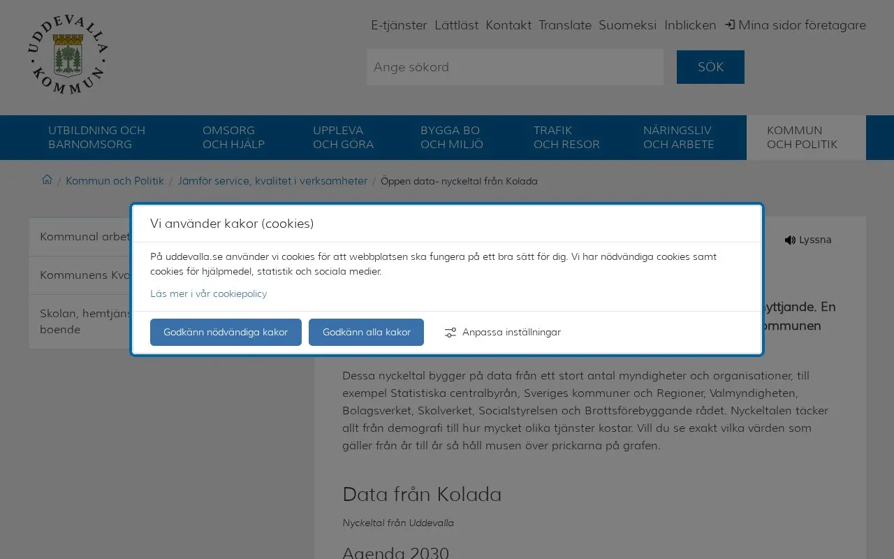 Uddevalla Municipality Open Data portal homepage screenshot