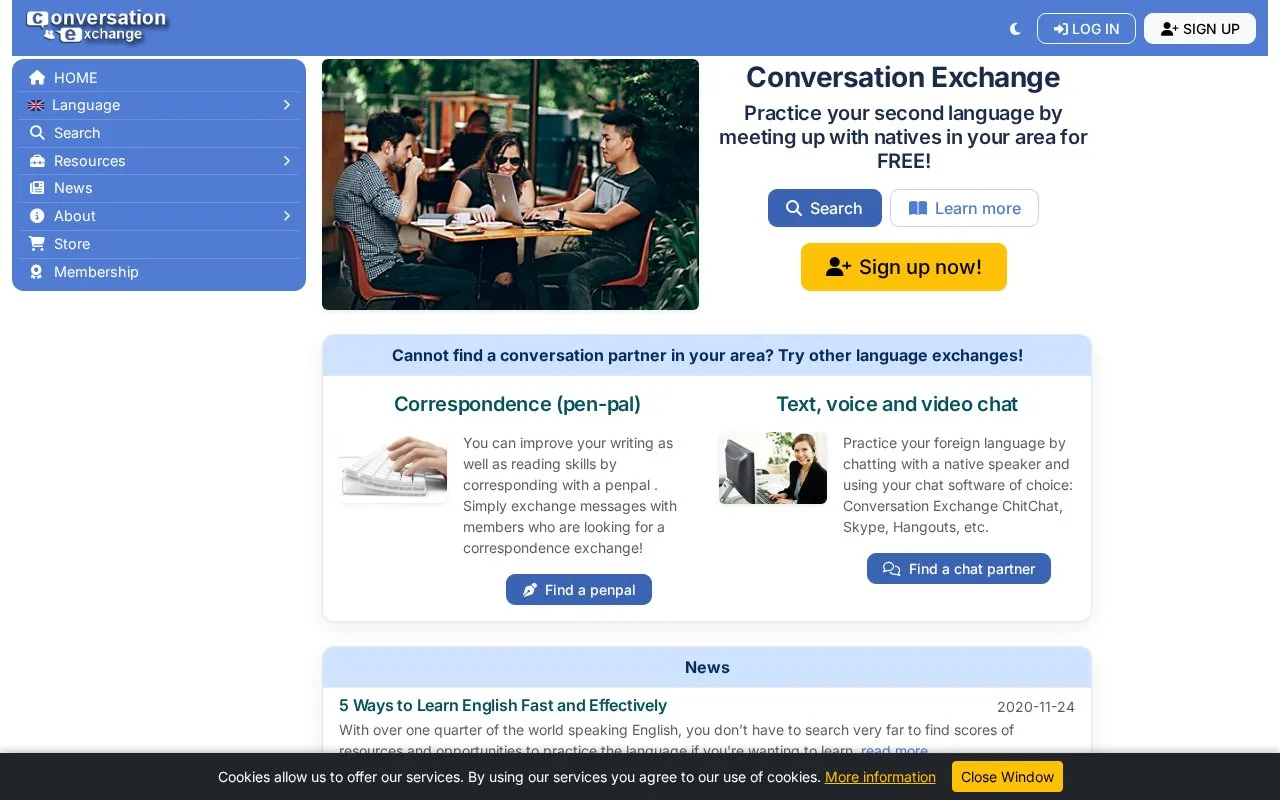 Conversation Exchange homepage screenshot