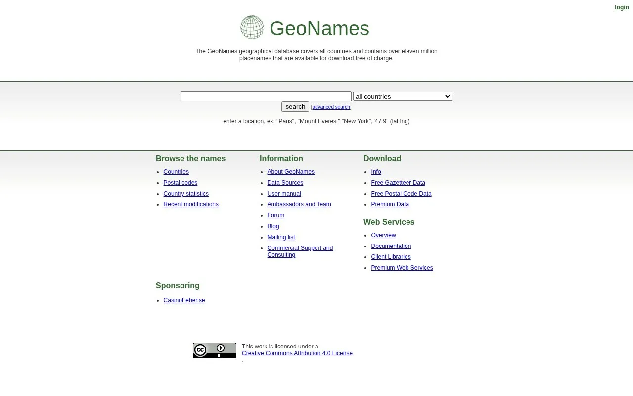 GeoNames homepage screenshot