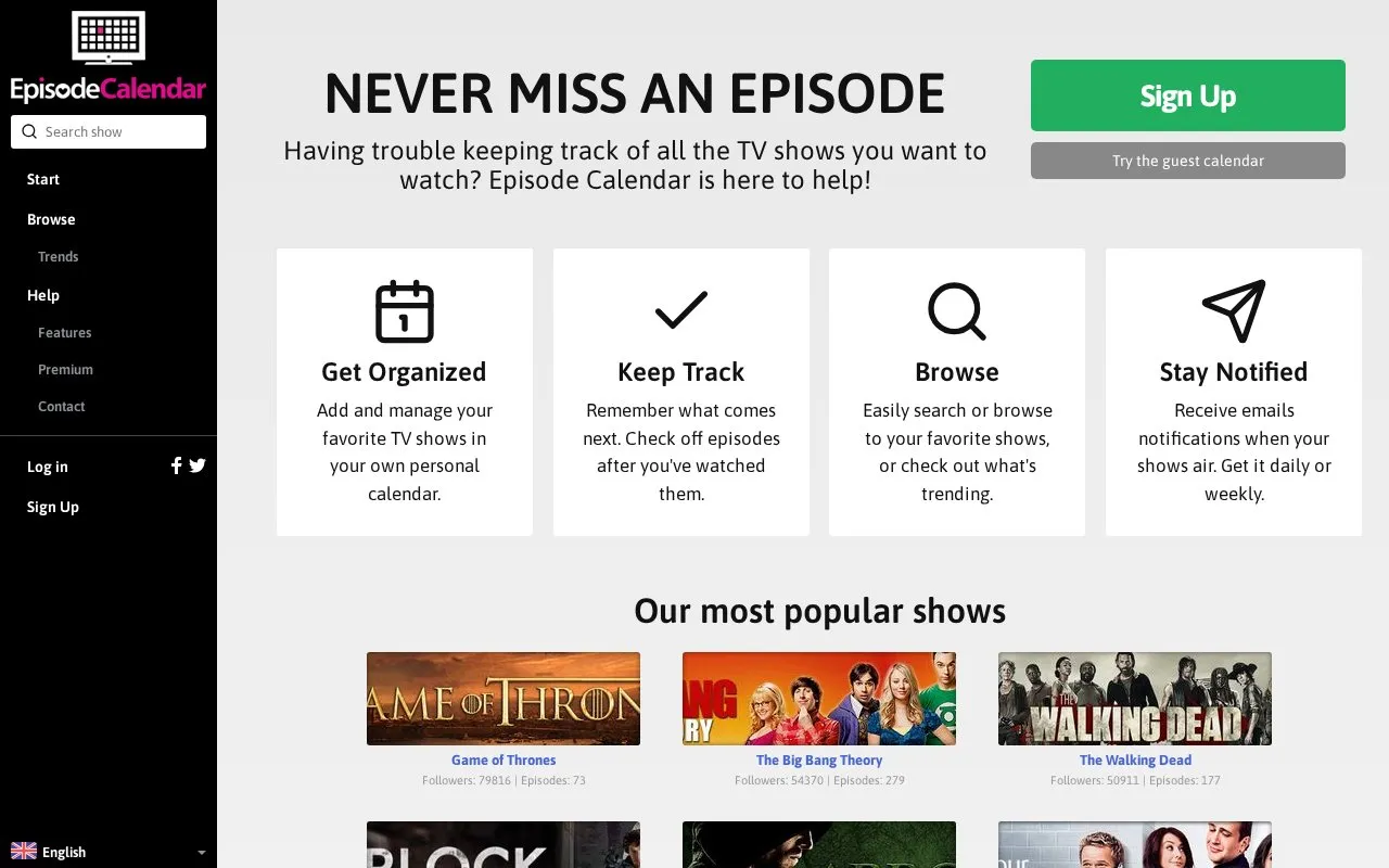 Episode Calendar homepage screenshot