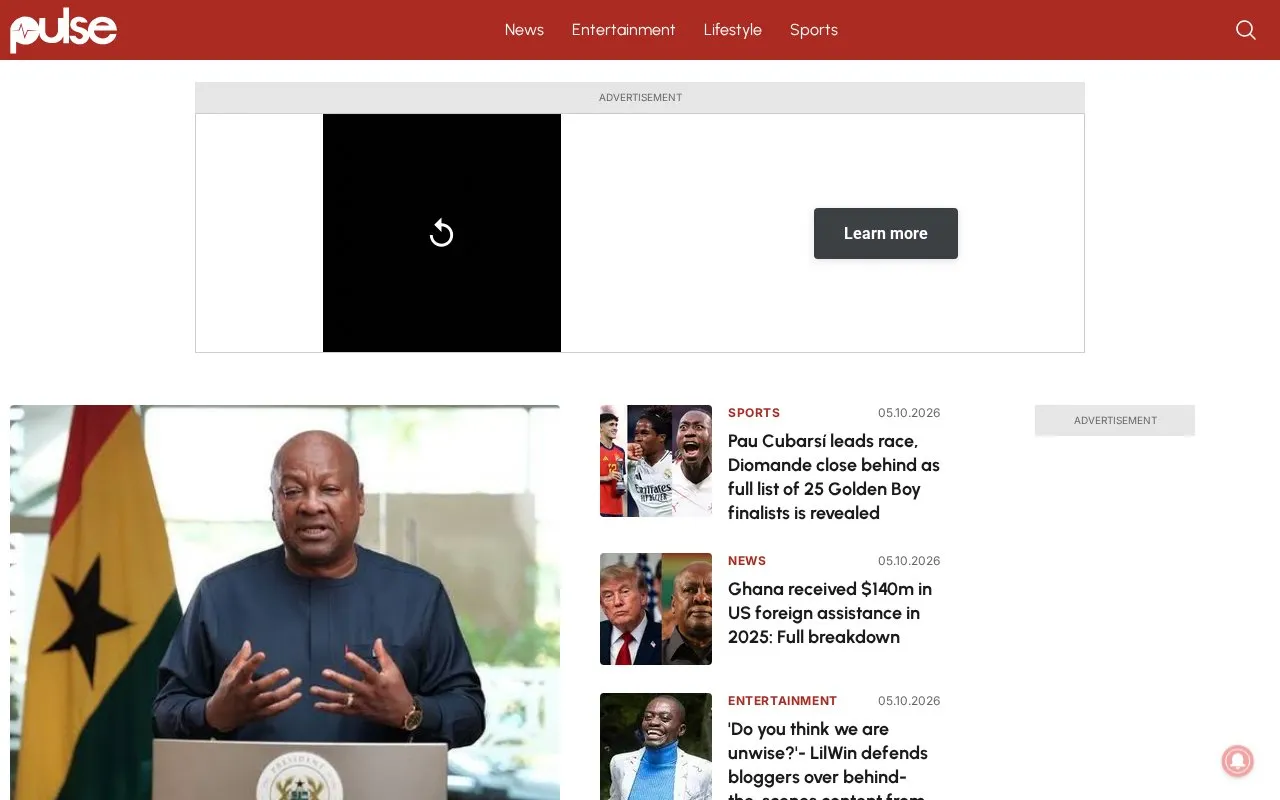 Pulse Ghana homepage screenshot