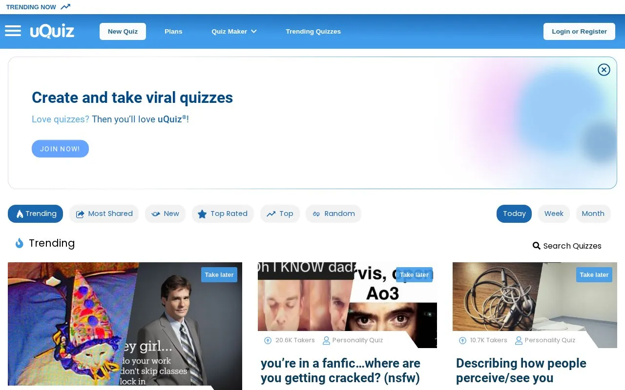 uQuiz homepage screenshot
