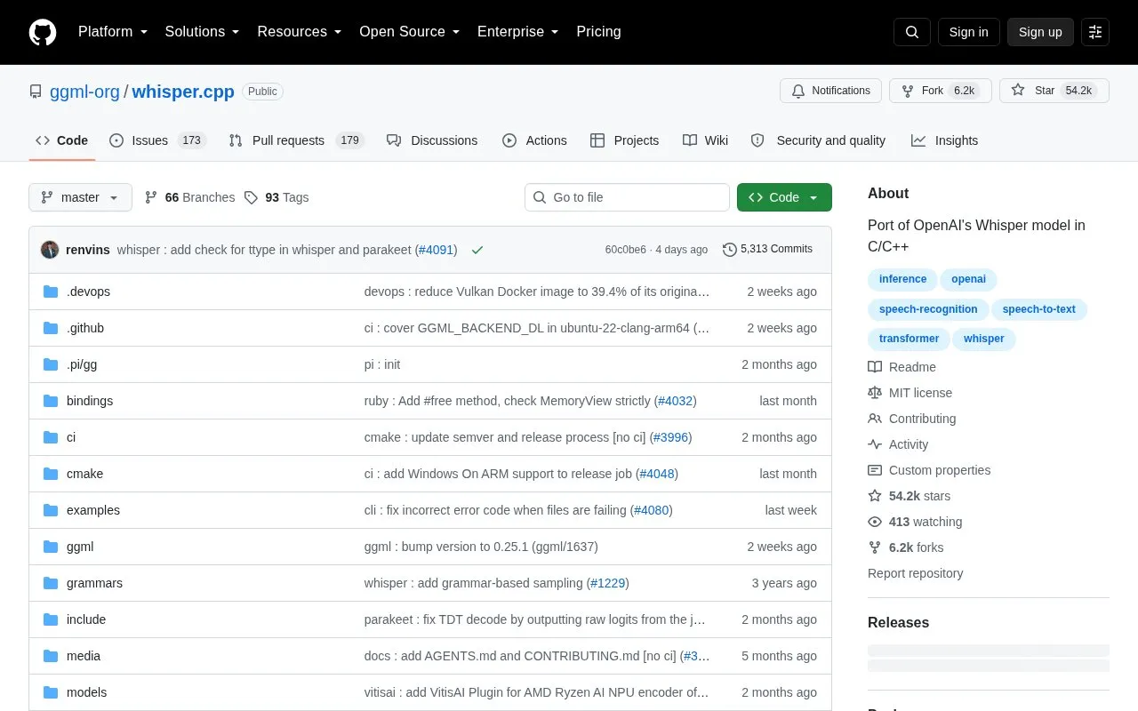 ggerganov/whisper.cpp homepage screenshot