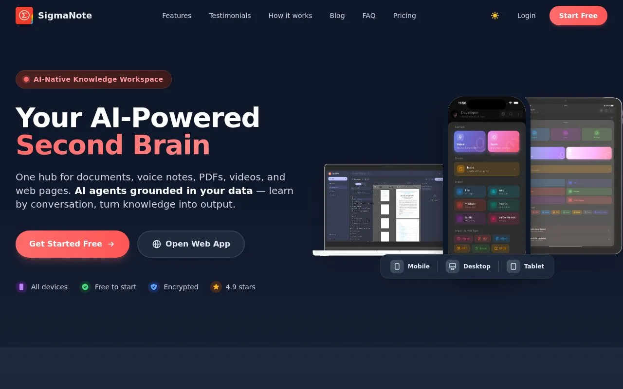 SigmaNote homepage screenshot