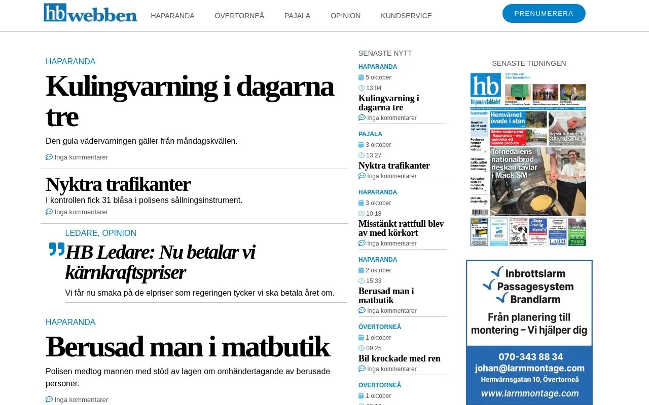 Haparandabladet homepage screenshot