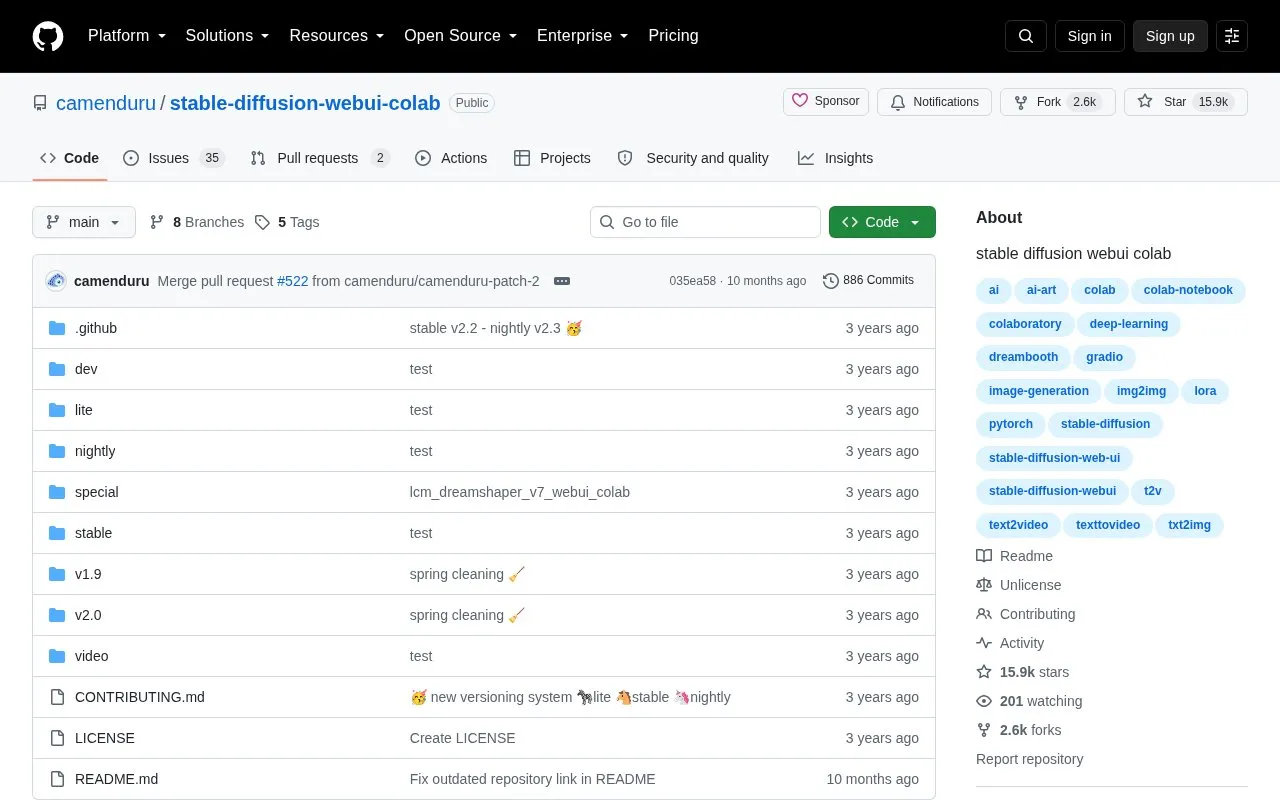 camenduru/stable-diffusion-webui-colab homepage screenshot