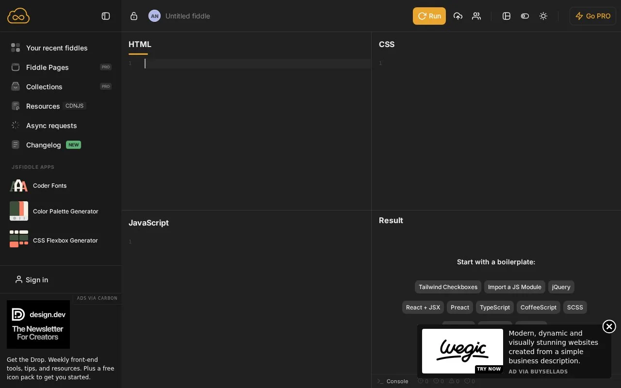 JSFiddle homepage screenshot