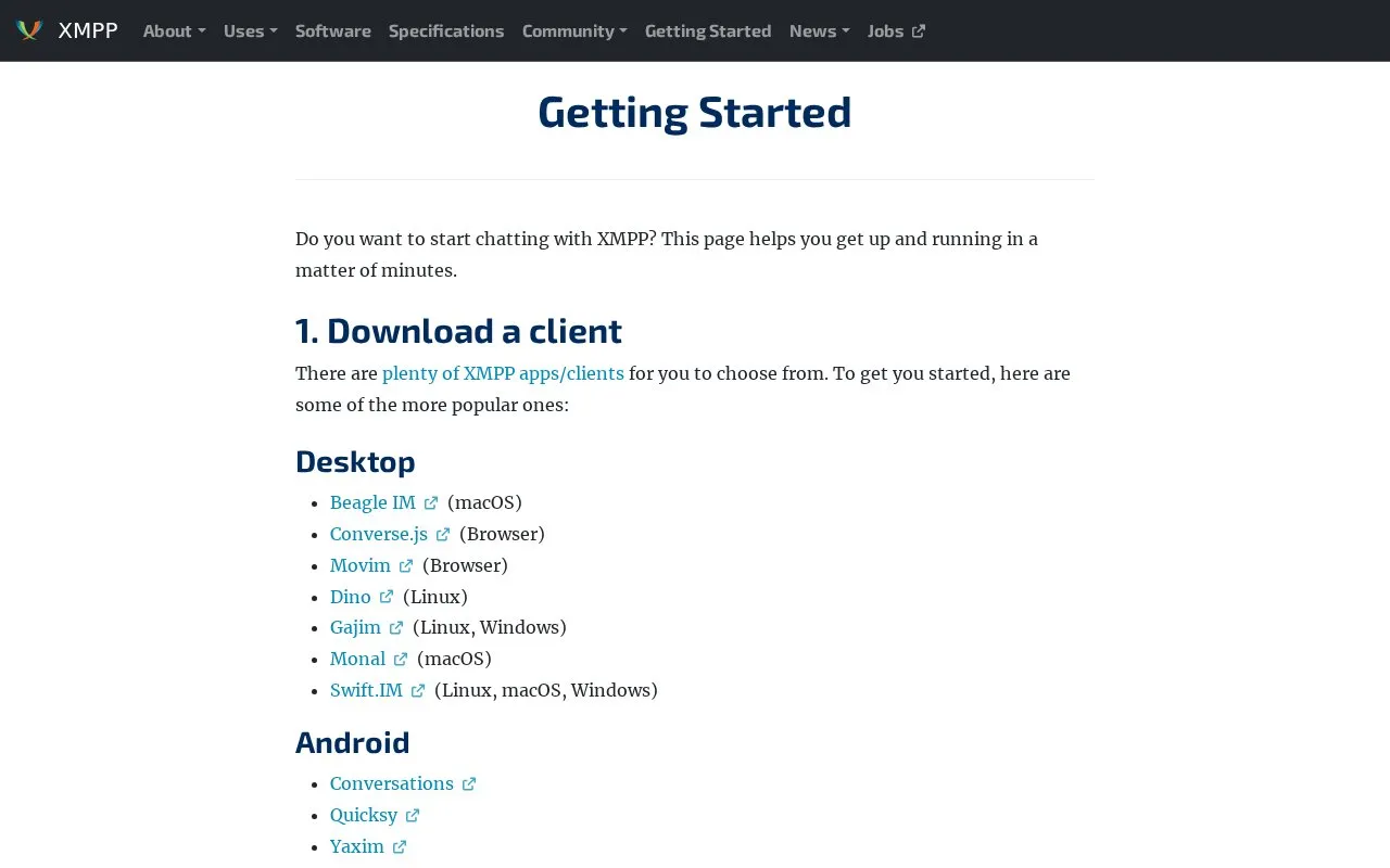 XMPP Clients / Resources homepage screenshot