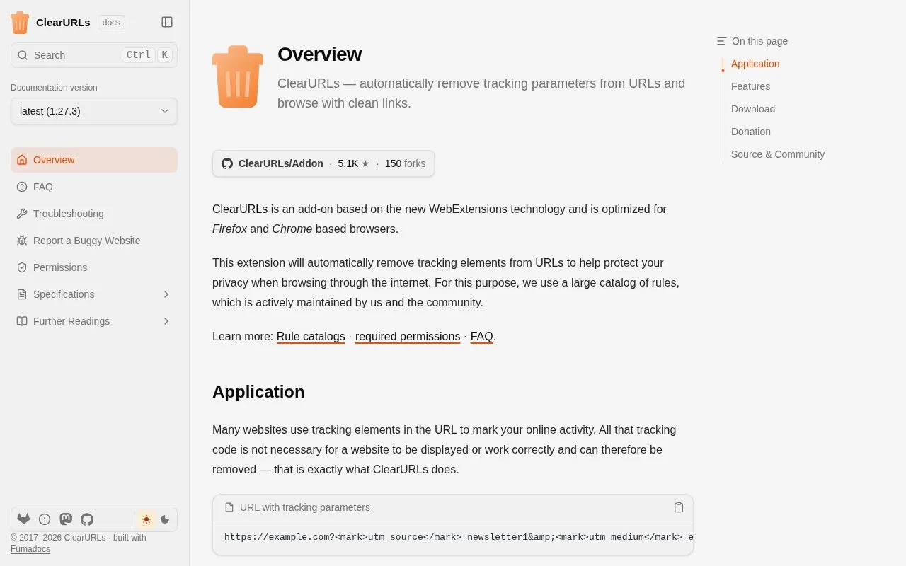 ClearURLs homepage screenshot