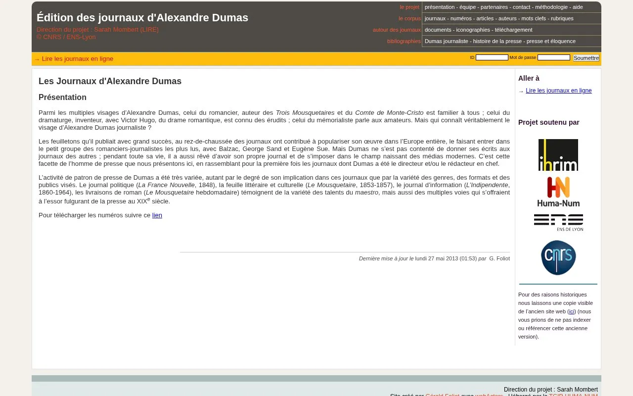 Journaux d'Alexandre Dumas homepage screenshot