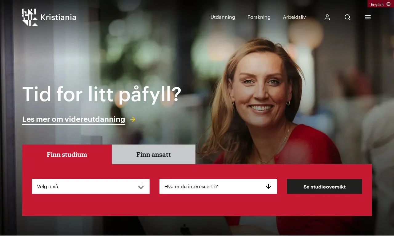 Kristiania University College homepage screenshot