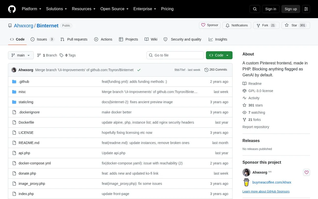 Binternet homepage screenshot