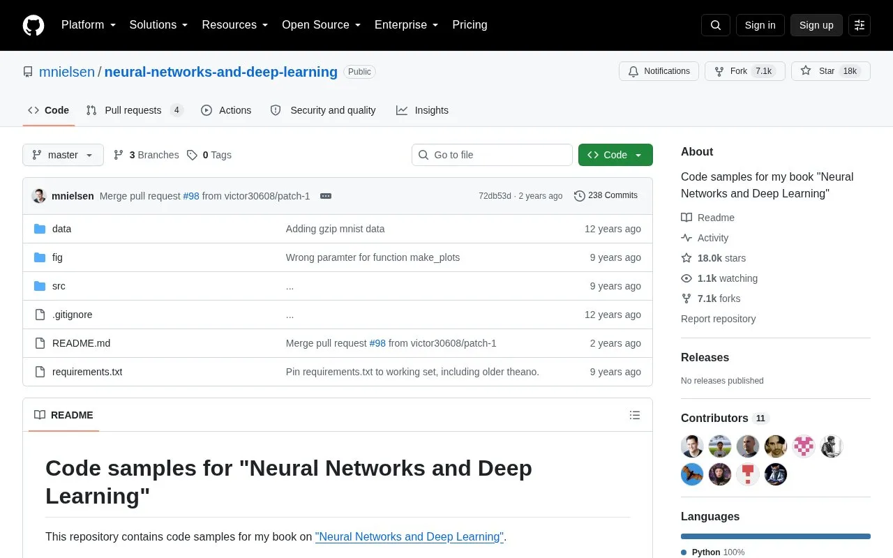 Neural Networks and Deep Learning homepage screenshot