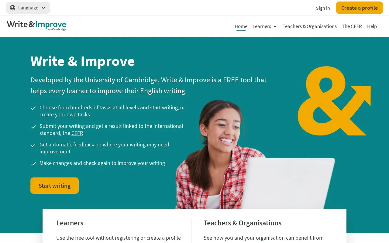 WriteAndImprove homepage screenshot