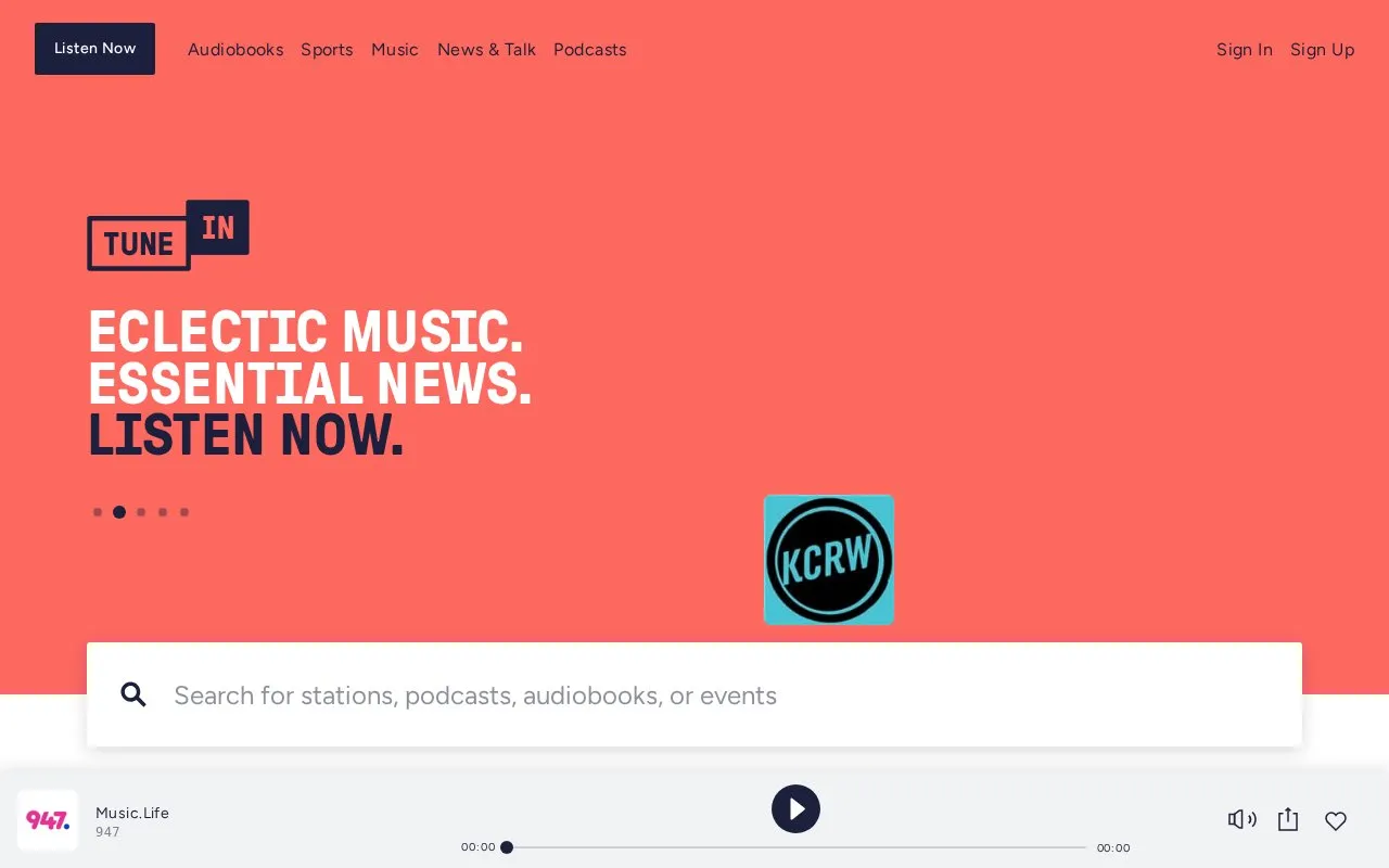 TuneIn homepage screenshot