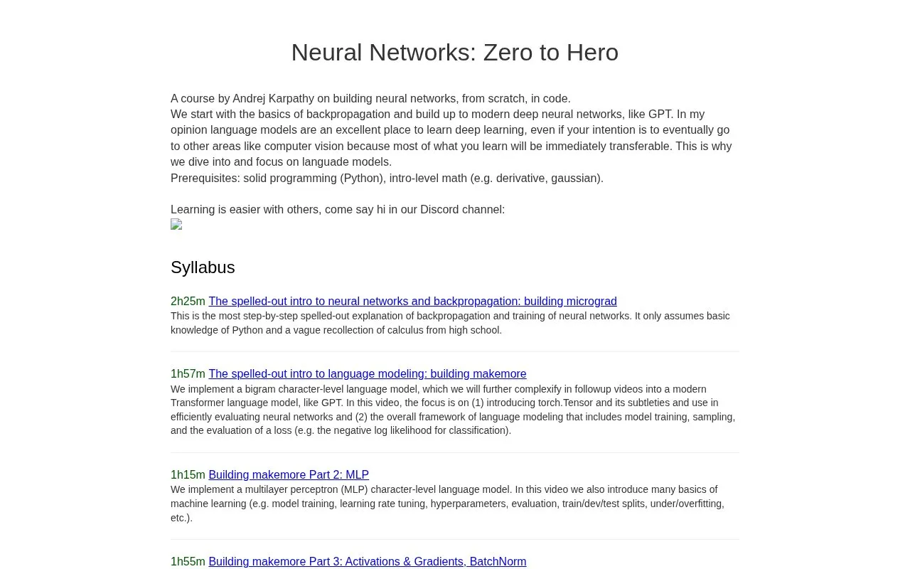 Neural Networks: Zero to Hero homepage screenshot