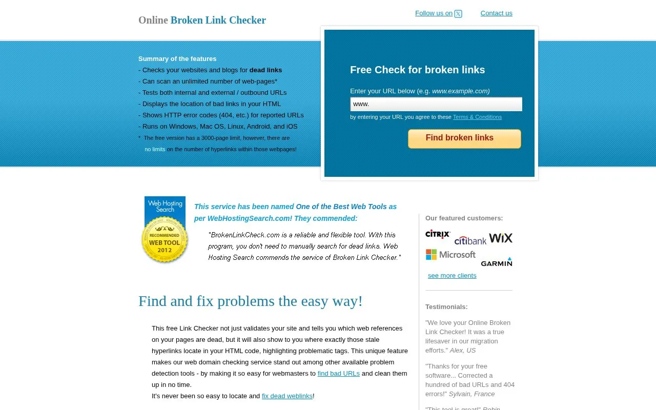 Broken Link Checker homepage screenshot