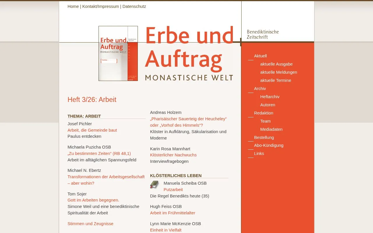Erbe und Auftrag homepage screenshot