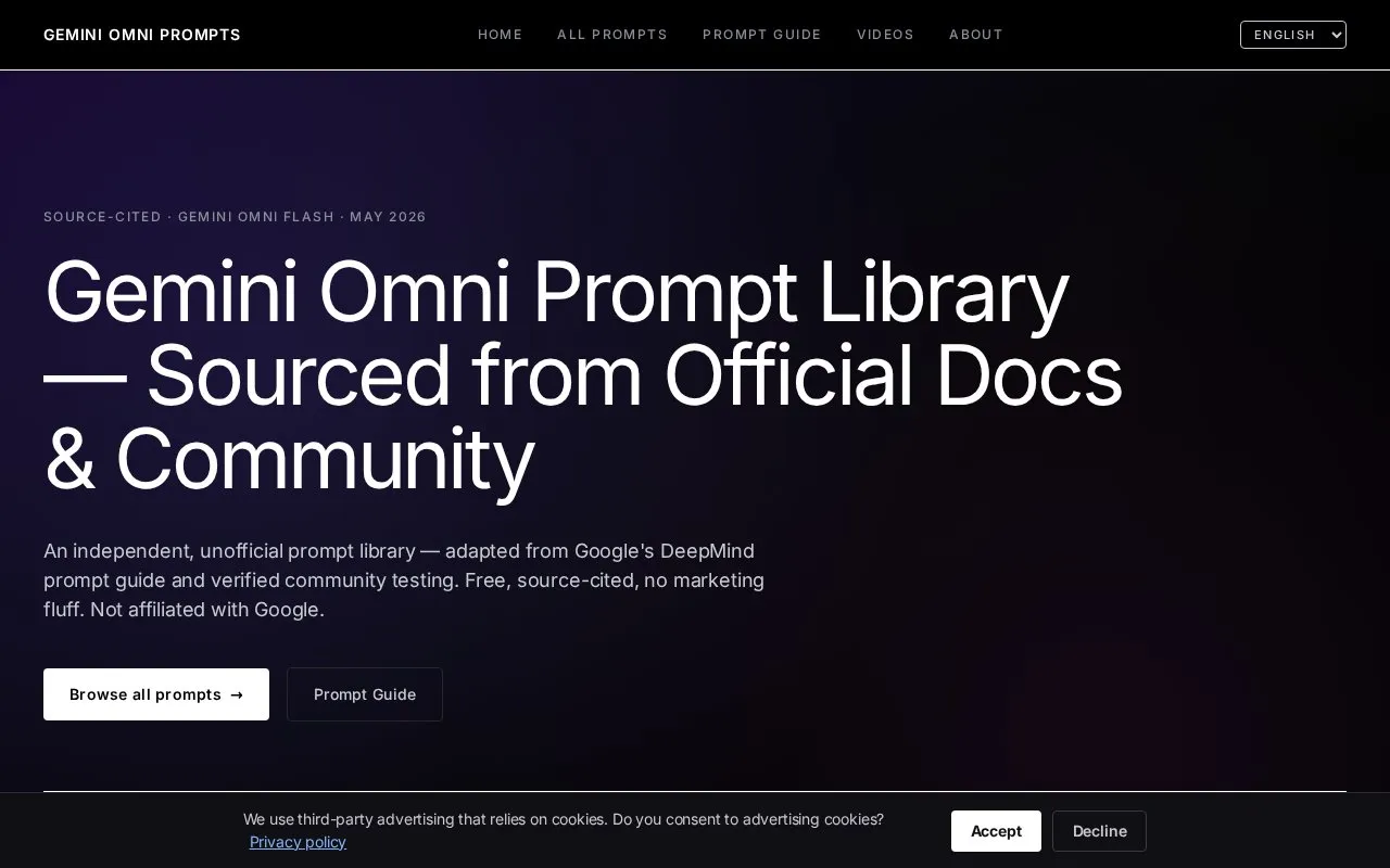Gemini Omni Prompts homepage screenshot