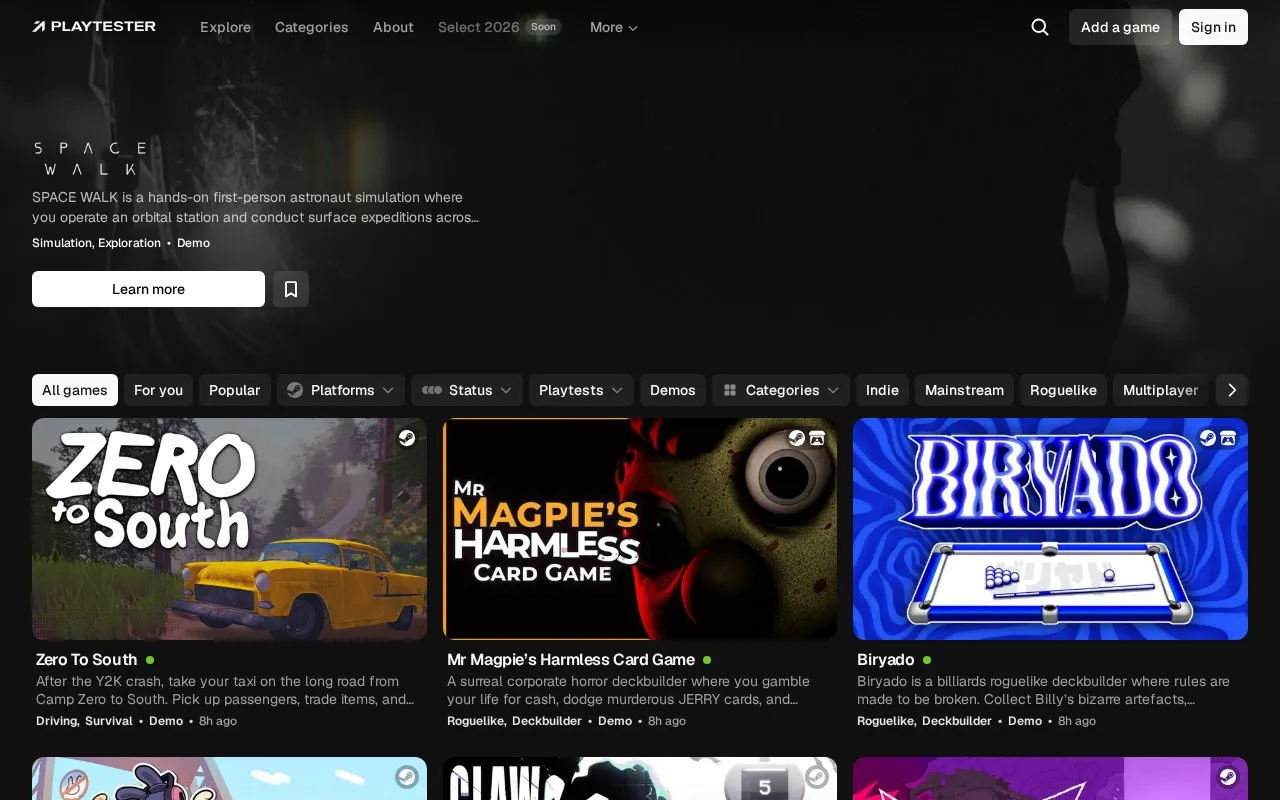 Playtester homepage screenshot