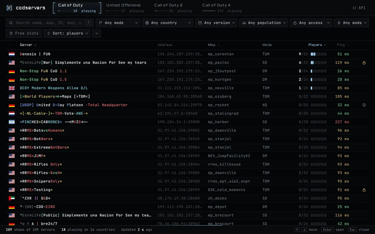 CoD Servers homepage screenshot