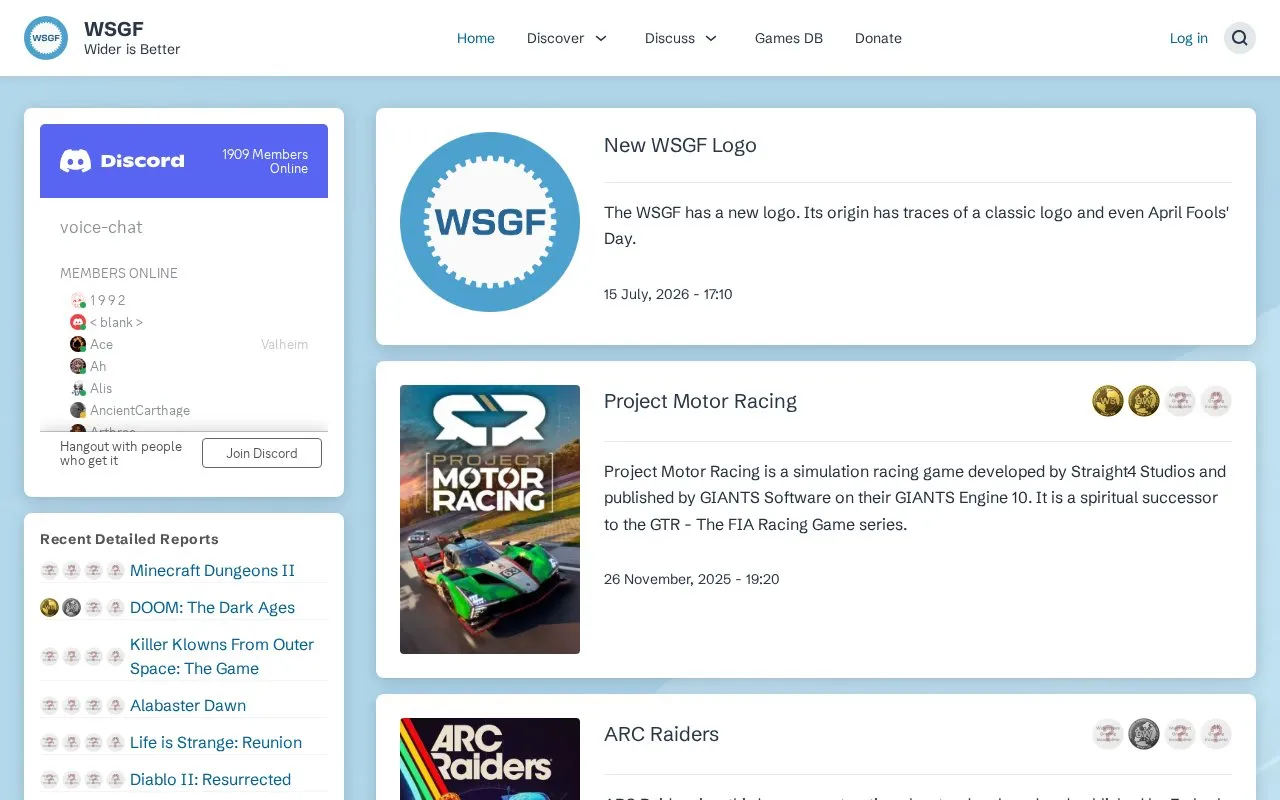 WSGF homepage screenshot