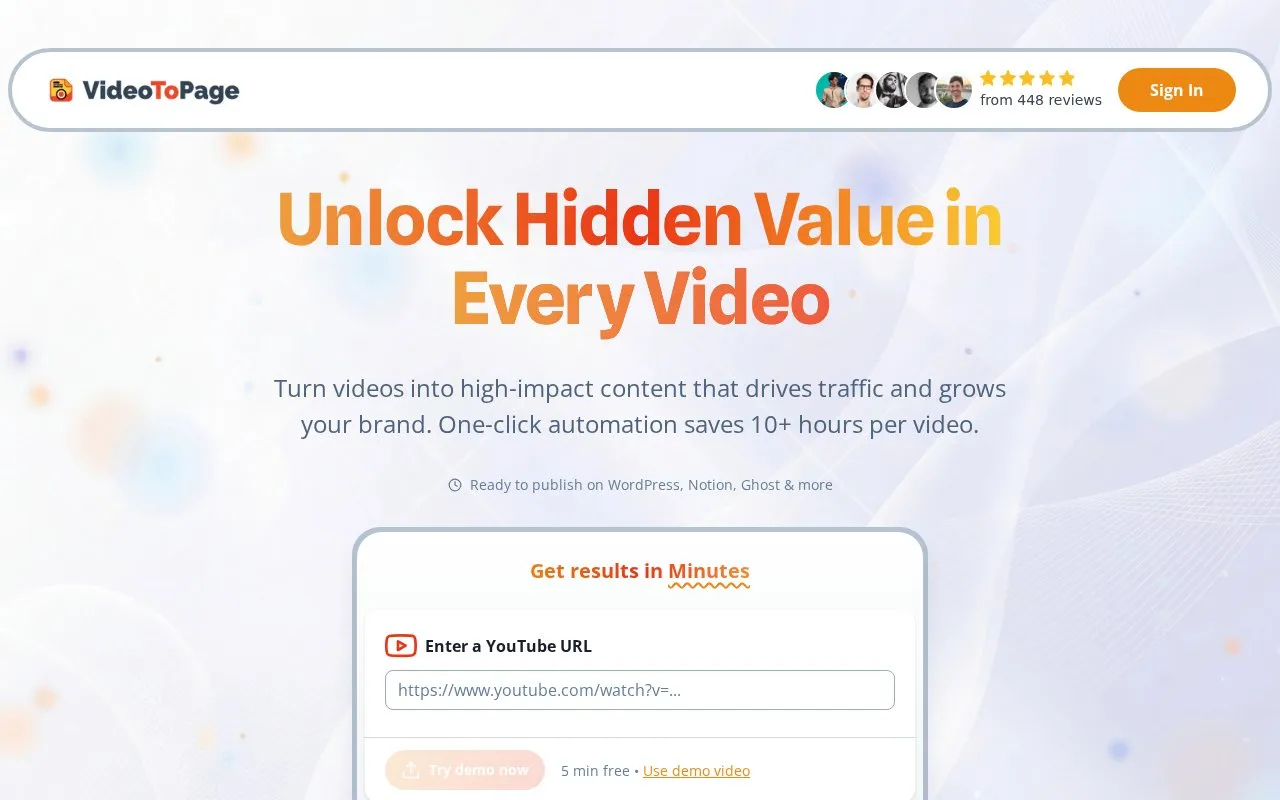 VideoToPage homepage screenshot