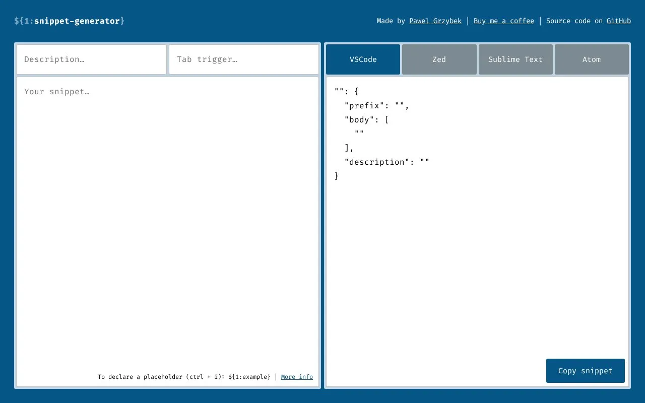 snippet generator homepage screenshot