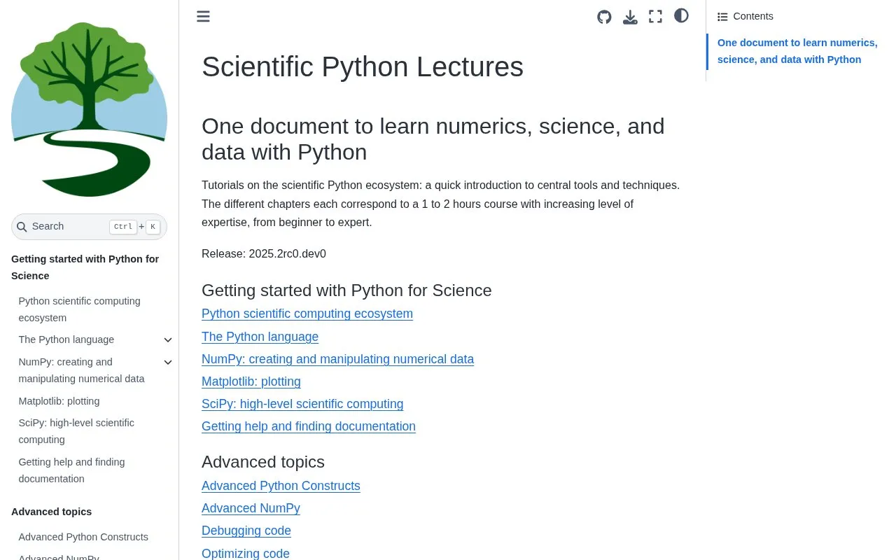 Scipy Lectures homepage screenshot