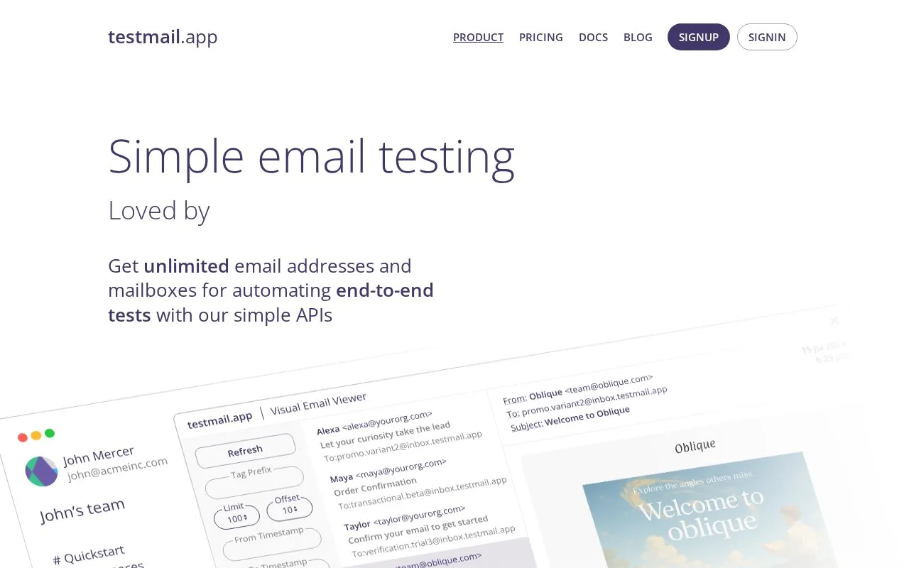 Testmail homepage screenshot