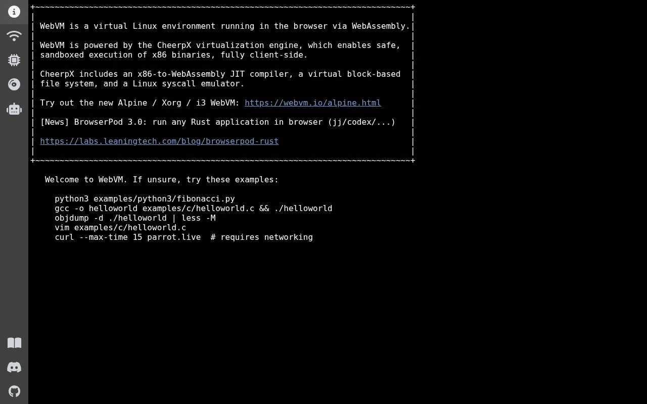 WebVM homepage screenshot