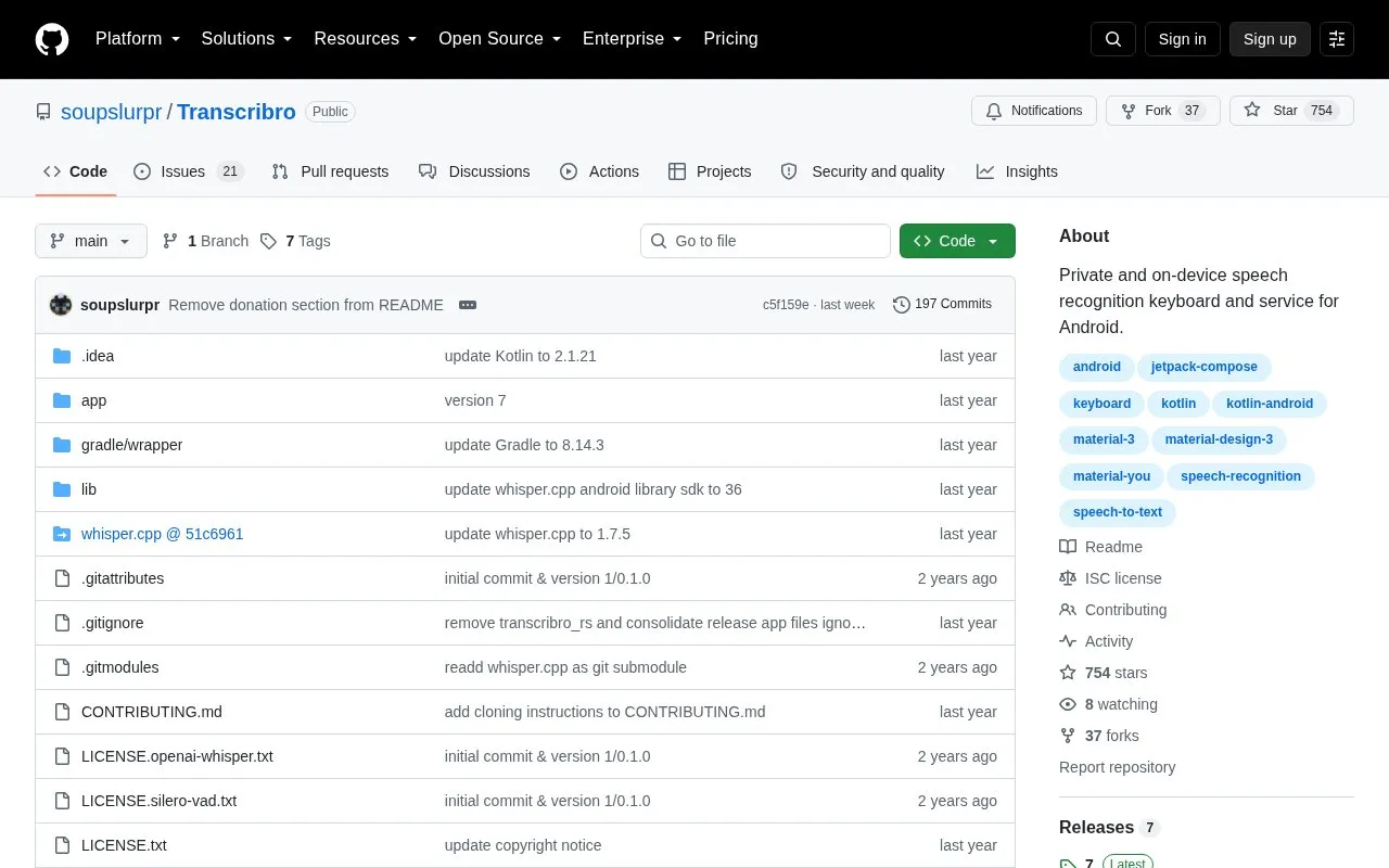 Transcribro homepage screenshot