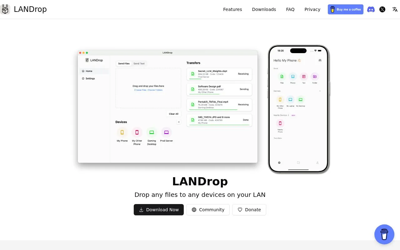 LANDrop homepage screenshot