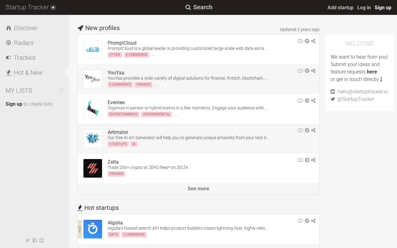 Startup Tracker homepage screenshot