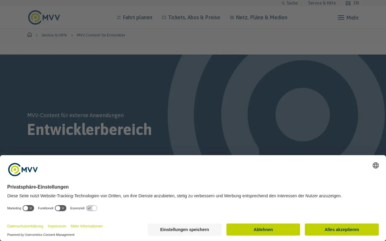 MVV open data portal homepage screenshot