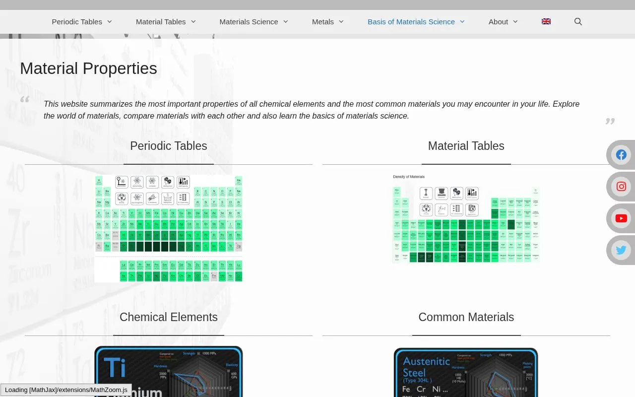 Material Properties homepage screenshot