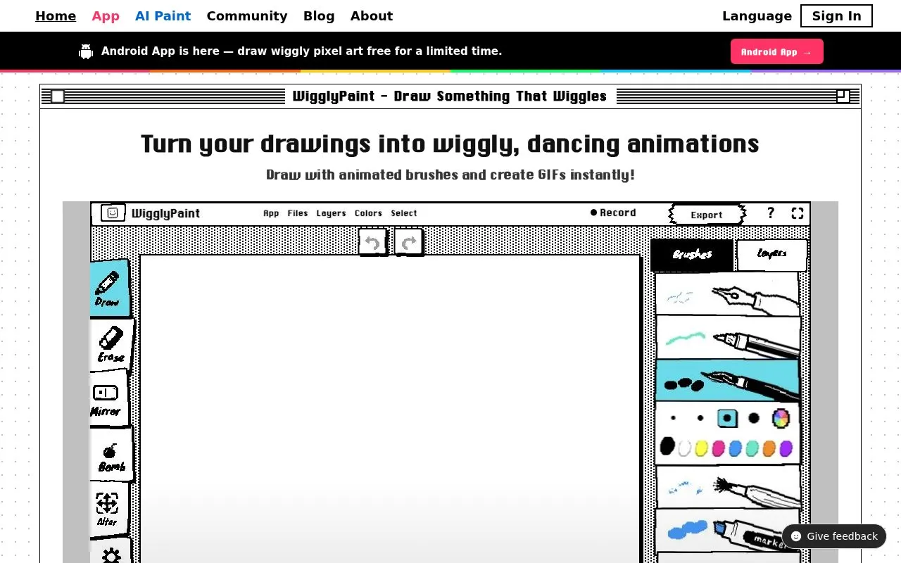 WigglyPaint homepage screenshot