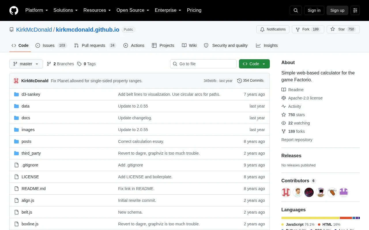 Kirkmcdonald.github.io homepage screenshot
