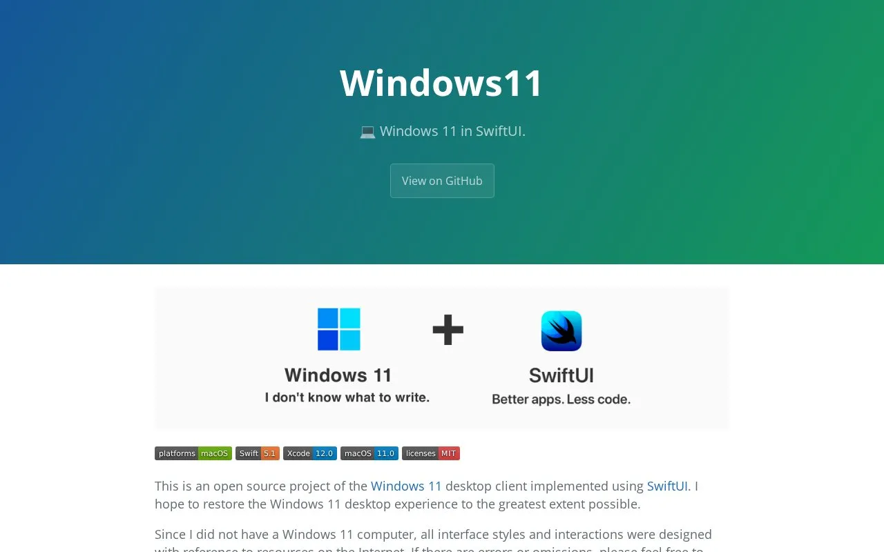 SwiftUI Win11 homepage screenshot