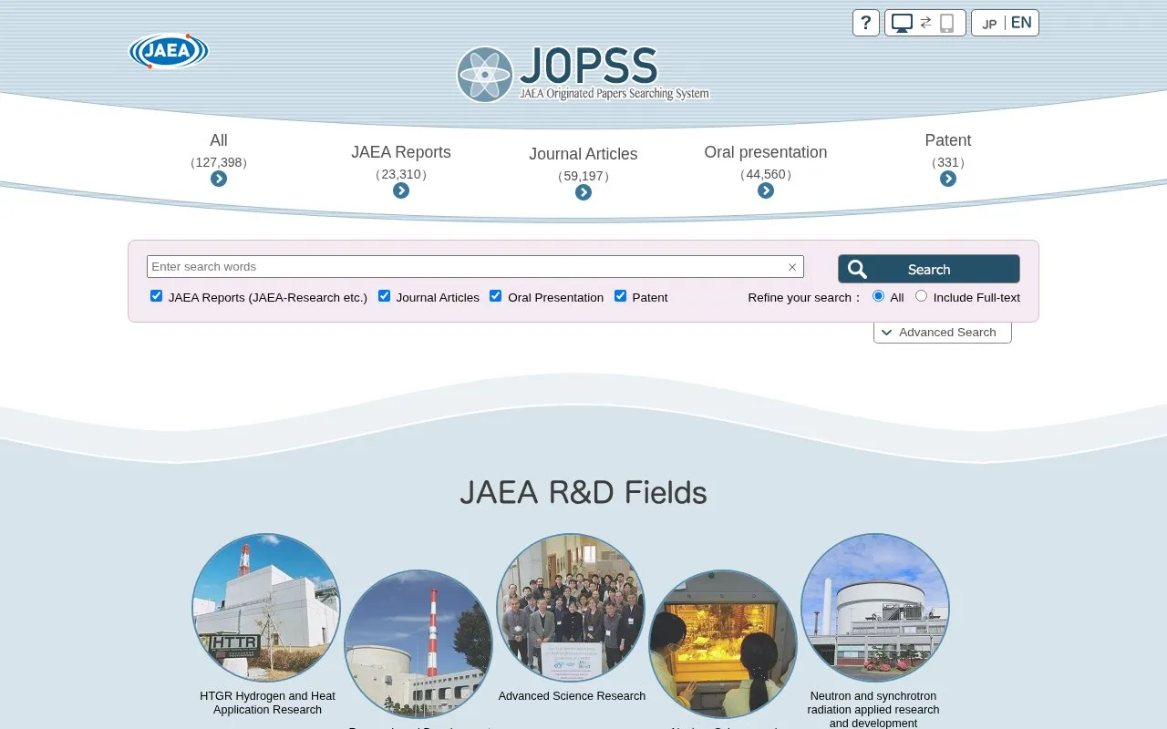 JOPSS:JAEA Originated Papers Searching System homepage screenshot